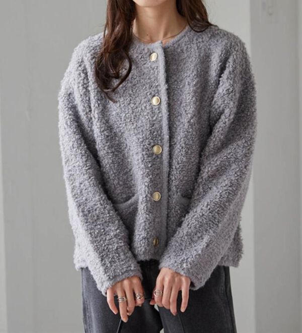 RANAN（ラナン）の「ゴールド調ボタンループ編みニットジャケット（ニットカーディガン）」｜詳細画像