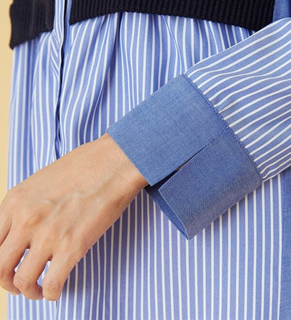 BELLUNA（ベルーナ）の「ストライプ&times;異素材切替シャツチュニック（チュニック）」｜詳細画像