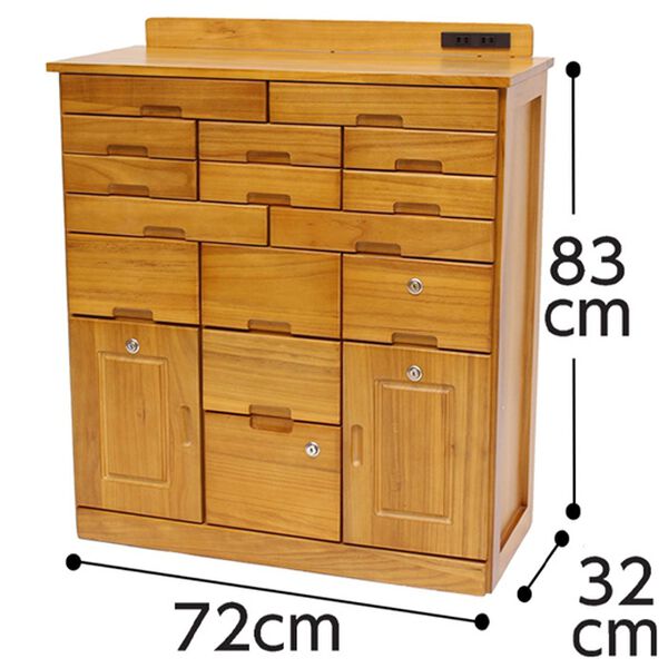 「２口コンセント付　天然木桐製ひきだしいっぱいキャビネット　桐製マルチラック（ラック・棚・本棚）」｜詳細画像