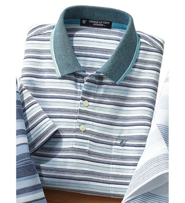 「＜コムルヴァン・オム＞爽やか夏色マルチボーダーポロ（メンズポロシャツ）」｜グリーンボーダー