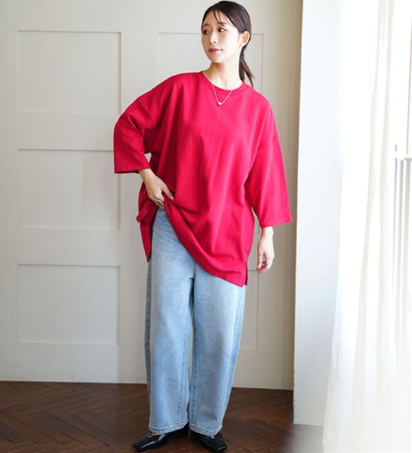 A HAPPY MARILYN（アハッピーマリリン）の「【Ｍ～８Ｌ／選べる袖丈】綿トレーナーライクビッグシルエットＴシャツ（Tシャツ）」｜詳細画像