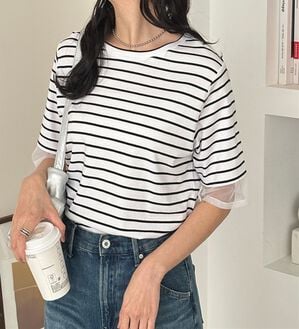 GeeRA（ジーラ）の「綿１００％袖シアー切替シルケットＴシャツ（Tシャツ）」｜白系ボーダー