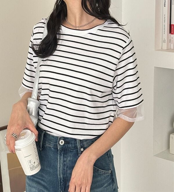 GeeRA（ジーラ）の「綿１００％袖シアー切替シルケットＴシャツ（Tシャツ）」｜白系ボーダー