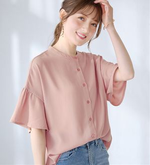 alotta（アロッタ）の「バンドカラーフレアー袖ブラウス（ブラウス）」｜ピンク