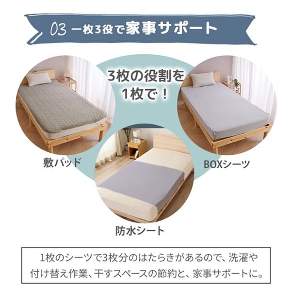 iellio（イエリオ）の「さらさら防水一体型ボックスシーツ＜抗菌防臭・中わた入り・洗える・ペット・子供・介護・ＢＯＸシーツ＞（ボックスシーツ・ベッドシーツ）」｜詳細画像