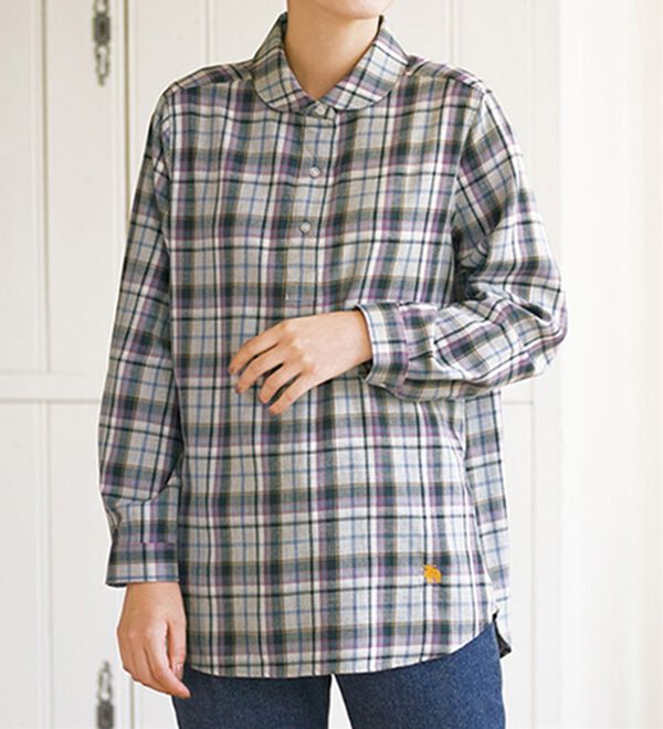 BELLUNA（ベルーナ）の「＜ｍｏｚ＞綿１００％丸エリ刺しゅうシャツ（シャツ）」｜チェック