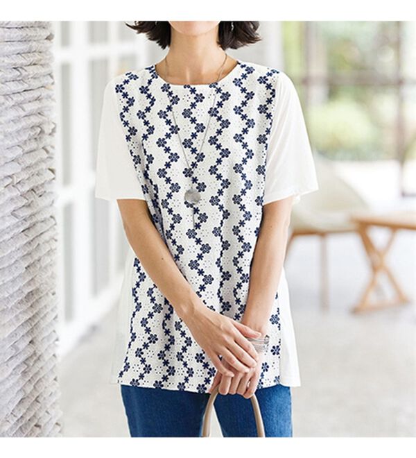 BELLUNA（ベルーナ）の「配色レース使いカットソーチュニック（チュニック）」｜詳細画像