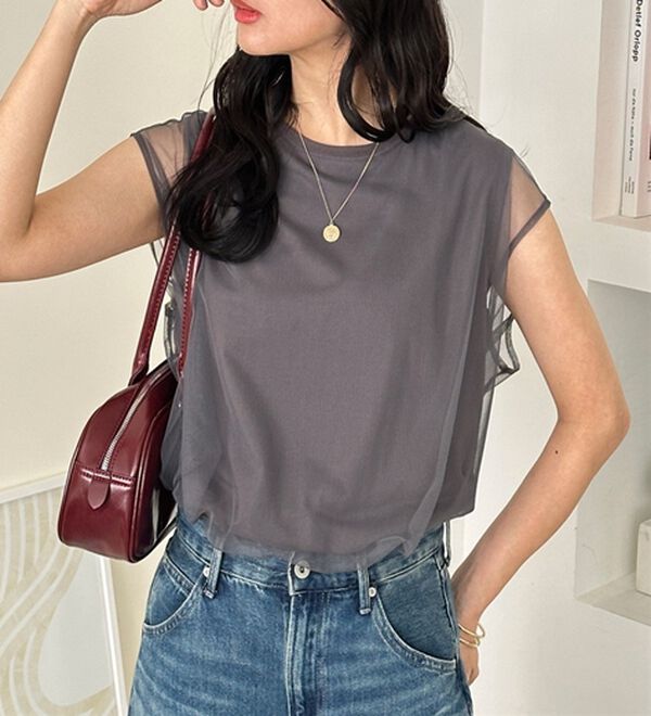 GeeRA（ジーラ）の「チュールカバーフレンチスリーブカットソー（カットソー）」｜詳細画像