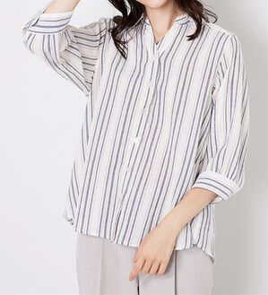 BELLUNA（ベルーナ）の「スキッパー衿ぽこぽこ素材ブラウス（ブラウス）」｜アイボリー系ストライプ