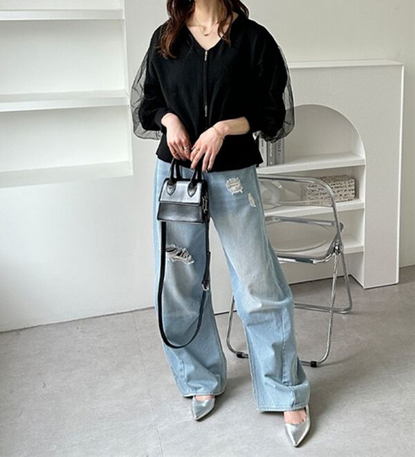 GeeRA（ジーラ）の「チュール袖ダブルジップカーディガン（ニットカーディガン）」｜詳細画像