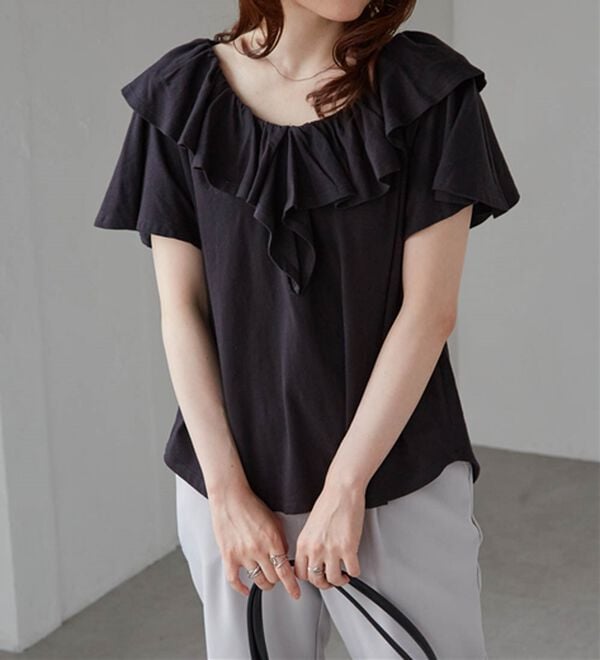 RANAN（ラナン）の「ひんやり！綿１００％フリル衿カットソープルオーバー（カットソー）」｜詳細画像