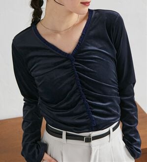RANAN（ラナン）の「ベロアフリルＶネックロンＴ（カットソー）」｜ネイビー