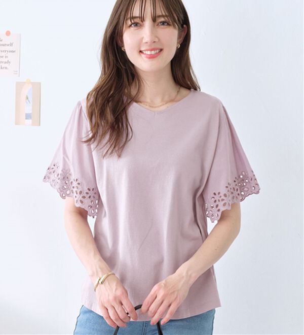 alotta（アロッタ）の「【接触冷感】綿１００％袖レースプルオーバー　さらひやりコットン【イエべ・ブルべ】（カットソー）」｜詳細画像