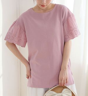 A HAPPY MARILYN（アハッピーマリリン）の「【Ｍ～８Ｌ】スカラップレース袖切替トップス【ハッピーさらりん】（カットソー）」｜ピンク