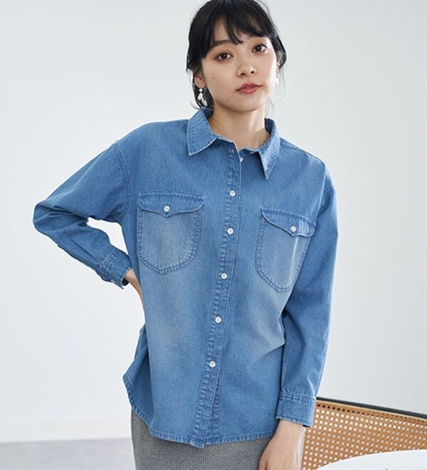 BELLUNA（ベルーナ）の「綿１００％ブラスト加工デニムシャツ（シャツ）」｜詳細画像