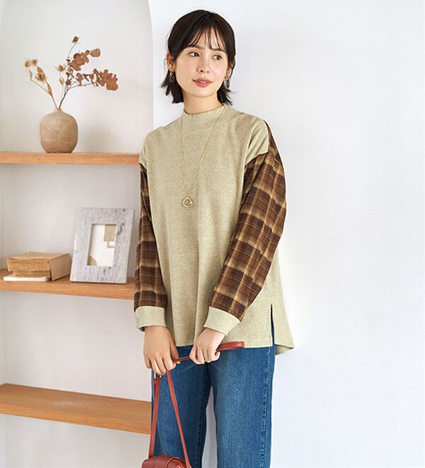 BELLUNA（ベルーナ）の「袖チェック切替デザインプルオーバー（カットソー）」｜詳細画像