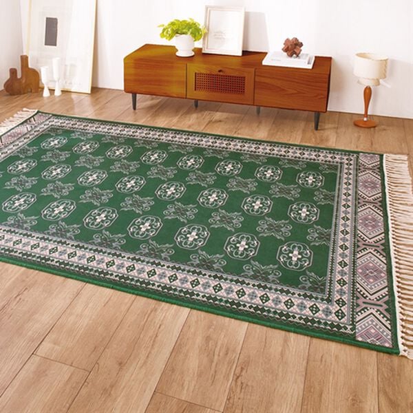 「エスニック柄プリントはっ水カーペット（カーペット）」｜グリーン