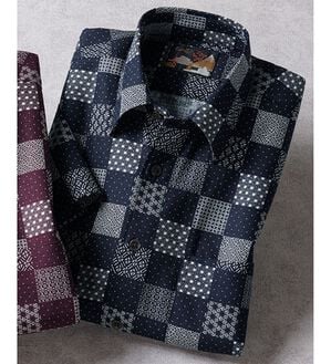 「国産　粋な大人の京染和柄シャツ（メンズシャツ）」｜ネイビー市松