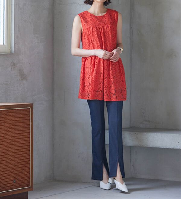 RANAN（ラナン）の「ひんやり！デニム調スリットパンツ（フルレングスパンツ）」｜詳細画像