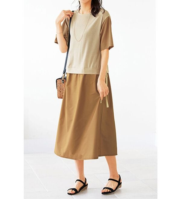 BELLUNA（ベルーナ）の「秒映え！異素材切替サイドリボン使いワンピース（ドッキングワンピース）」｜アイボリー系