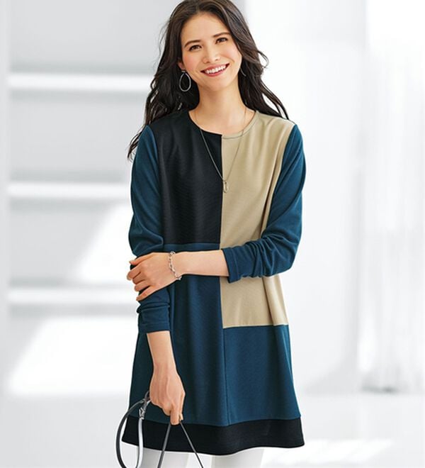 BELLUNA（ベルーナ）の「かのこ素材配色ブロッキングチュニック（チュニック）」｜詳細画像