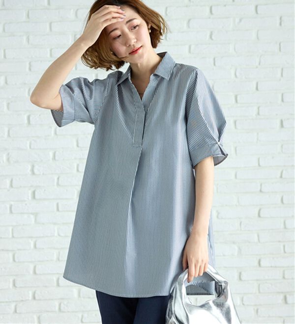 BELLUNA（ベルーナ）の「【接触冷感】麻調素材袖パール付シャツチュニック（チュニック）」｜詳細画像