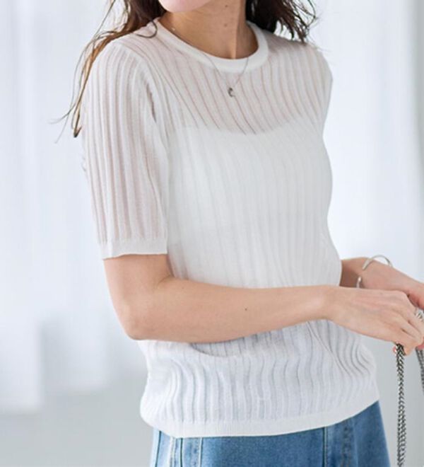 RANAN（ラナン）の「5分袖シアーラメリブニット（ニット・セーター）」｜詳細画像