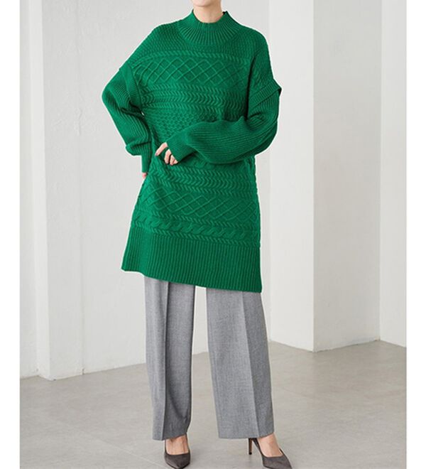 RANAN（ラナン）の「レイヤード風編地柄ロング丈ニット（チュニック）」｜グリーン