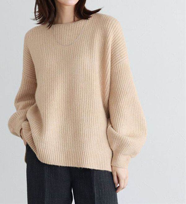 Pierrot（ピエロ）の「【洗濯機で洗える】ネックが選べるふんわりボリューム袖ニット（ニット・セーター）」｜杢イエロー