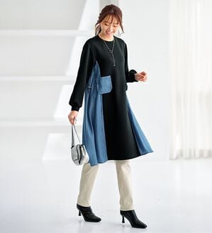 BELLUNA（ベルーナ）の「デニム切替ポケットデザインワンピース（カットソーワンピース）」｜黒