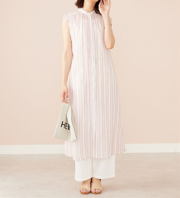 BELLUNA（ベルーナ）の「ラメ入りストライプ柄シアーロングシャツ（シャツワンピース）」｜詳細画像