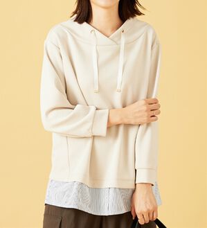 BELLUNA（ベルーナ）の「ワイドネックデザインシャツ切替チュニック（チュニック）」｜アイボリー／ストライプ