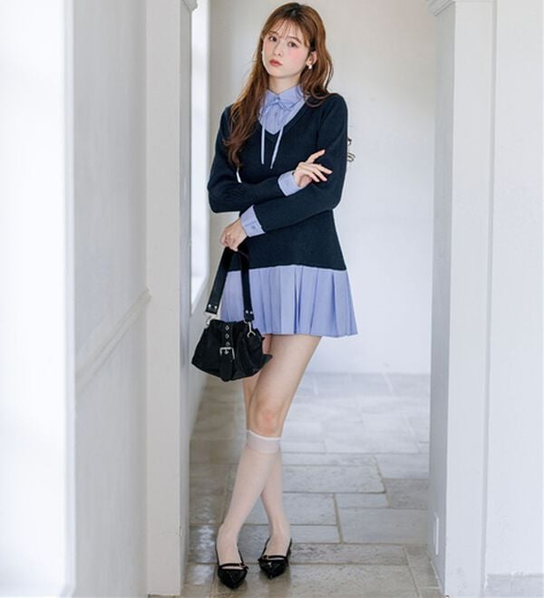 alotta（アロッタ）の「【Corie】シャツドッキングプリーツワンピース（ドッキングワンピース）」｜詳細画像
