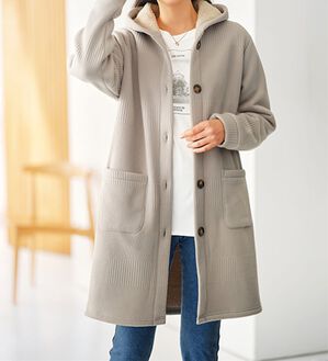 BELLUNA（ベルーナ）の「ボーダージャカード裏ボアカーディガン（ロングコート）」｜グレージュ