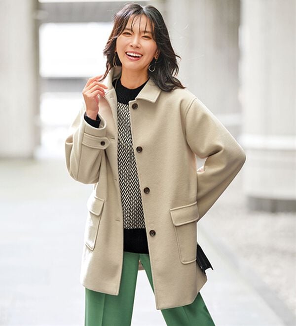 BELLUNA（ベルーナ）の「ウール調ステンカラーコート（ハーフコート）」｜アイボリー