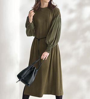 BELLUNA（ベルーナ）の「秋冬のお出かけに！異素材切替ワンピース（カットソーワンピース）」｜詳細画像