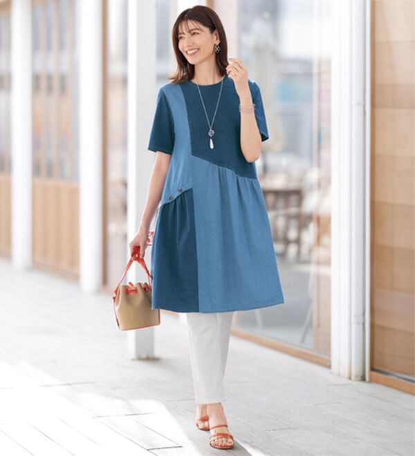ルフラン（ルフラン）の「【２色組】柔らかデニム切替らくちんワンピース（カットソーワンピース）」｜詳細画像