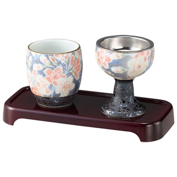 「【陶器シリーズ】茶湯器・仏器セット（仏壇・仏具）」｜雅桜ブルー(有田焼)