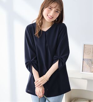 alotta（アロッタ）の「＜６つの機能付＞７分袖Ａラインフレアチュニックブラウス（チュニック）」｜ネイビー