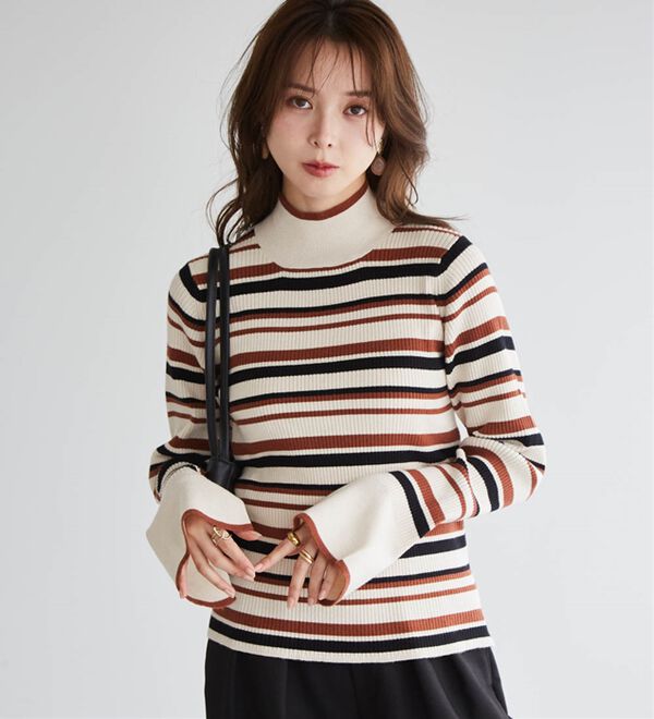 RANAN（ラナン）の「配色使いフレアー袖プチハイネックリブニット（ニット・セーター）」｜詳細画像