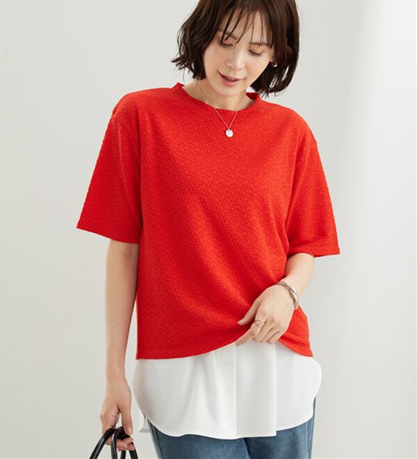 BELLUNA（ベルーナ）の「ジャカード素材プルオーバー（カットソー）」｜レッドオレンジ