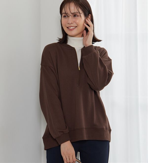 BELLUNA（ベルーナ）の「リブ使いハーフジップ裏毛プルオーバー（カットソー）」｜ブラウン