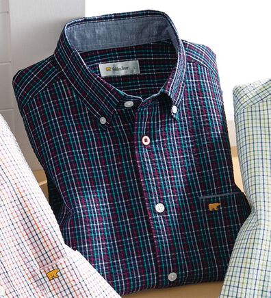 「＜ゴールデンベア＞袖丈選べる綿１００％サッカーシャツ（メンズシャツ）」