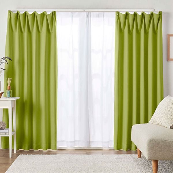 iellio（イエリオ）の「１・２級遮光＆断熱保温＆ＵＶ見えにくいレース付カーテンセット＜４枚組・遮光１級・洗える・無地＞（ドレープカーテン）」｜ライトグリーン（Ｌｕｎｅ）