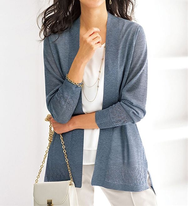 BELLUNA（ベルーナ）の「幾何柄デザイン杢調トッパーカーディガン（ニットカーディガン）」｜杢ブルー