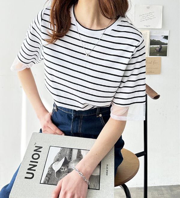 GeeRA（ジーラ）の「綿１００％袖シアー切替シルケットＴシャツ（Tシャツ）」｜詳細画像