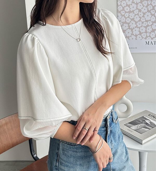袖シアー切替ランタンスリーブトップス - ベルーナ【公式】