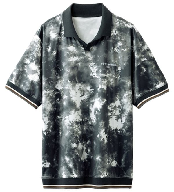 「＜テットオム＞接触冷感ムラ染デザインポロシャツ（メンズポロシャツ）」｜ブラック