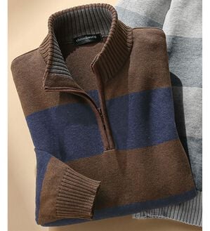 「日本製綿１００％大人の上品ボーダーハーフジップ（メンズニット・セーター）」｜ネイビー系