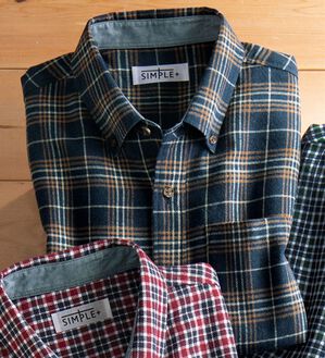 「＜シンプル＆プラス＞フランネルチェックシャツ（メンズシャツ）」｜ブルーチェック(通常)